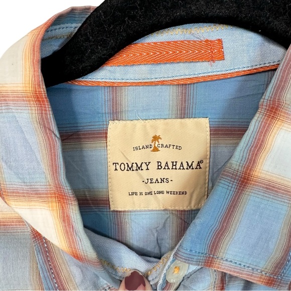 Tommy Bahama Jeans Plaid Shirt Large Blue Orange Cotton Button Down Resort - Picture 13 of 16